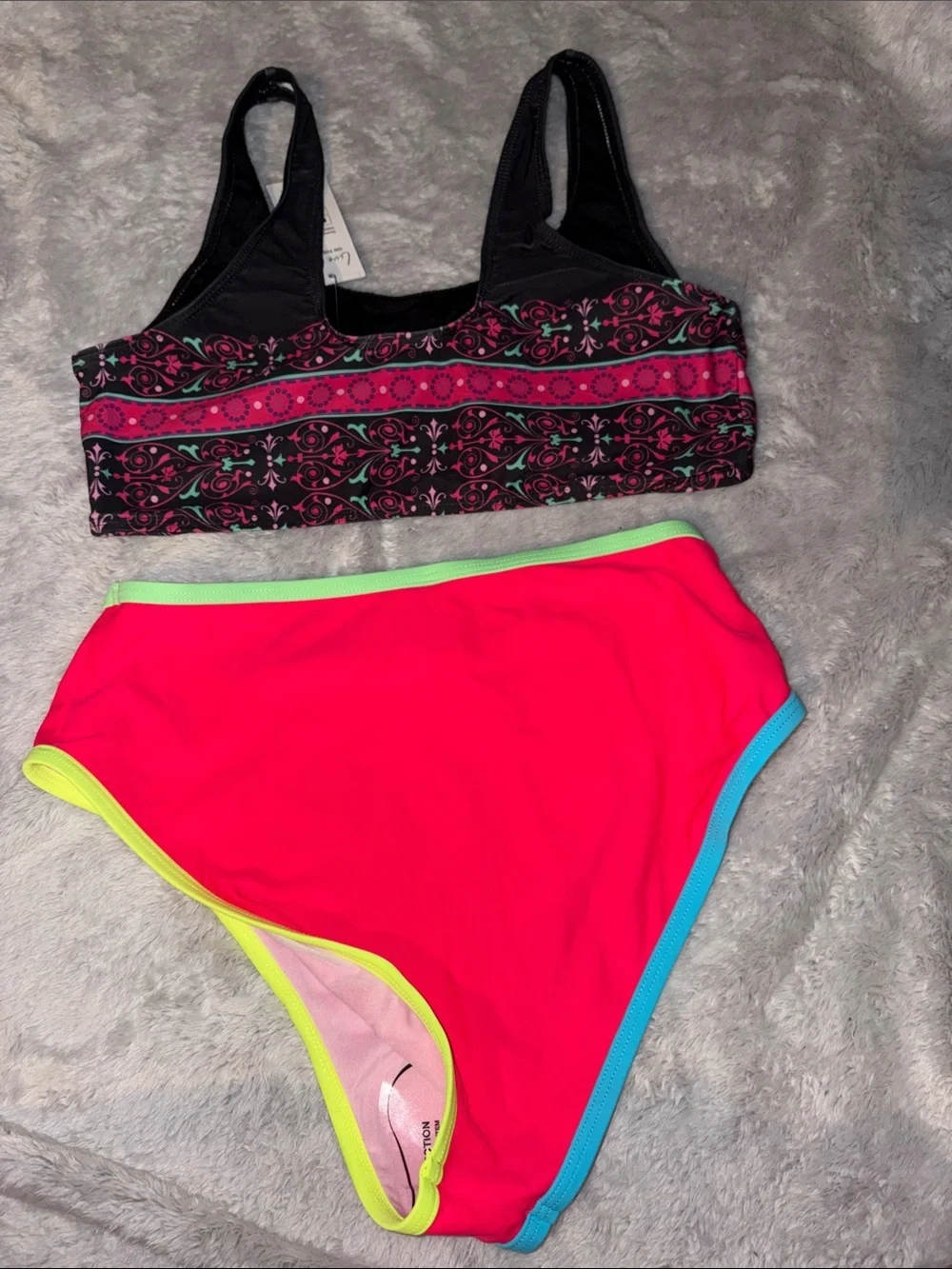 Cupshe Neon Pink High Waist Bikini Set with Black Patterned Top